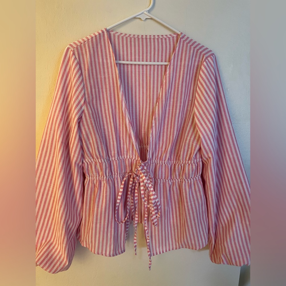 Pink Stripe Drawstring Waist Peplum Blouse